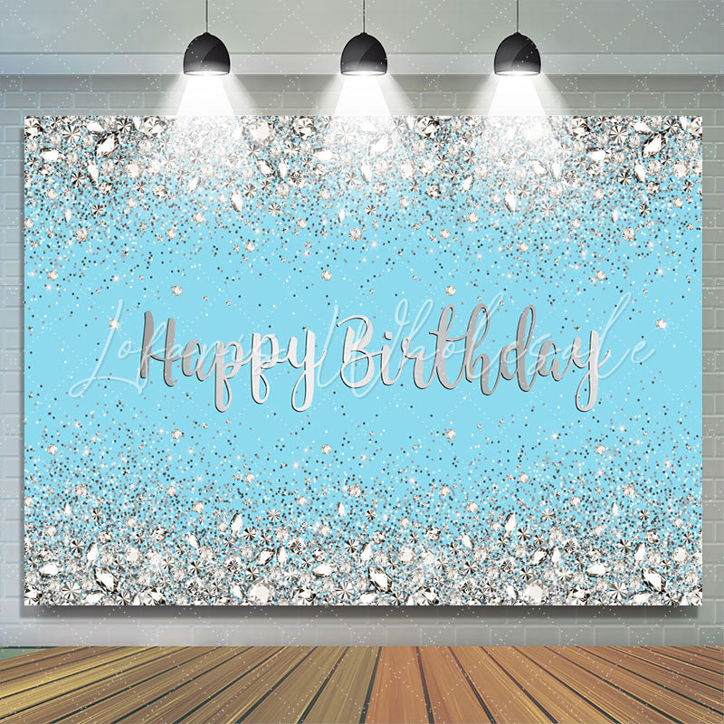 Lofaris Glitter Silver And Blue Happy Birthday theme Backdrop