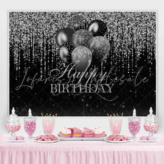 Lofaris Glitter Silver Black Balloon Happy Birthday Backdrop