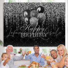 Lofaris Glitter Silver Black Balloon Happy Birthday Backdrop