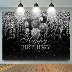 Lofaris Glitter Silver Black Balloon Happy Birthday Backdrop