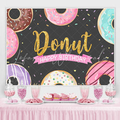 Lofaris Glitter Sweet Donut Black Happy Birthday Party Backdrop