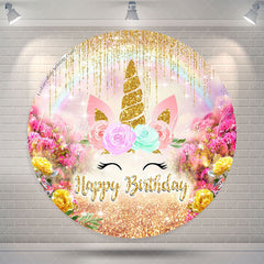 Lofaris Glitter Unicorn Flowers Round Birthday Backdrop