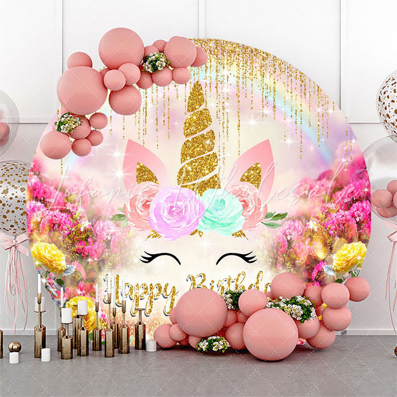 Lofaris Glitter Unicorn Flowers Round Birthday Backdrop