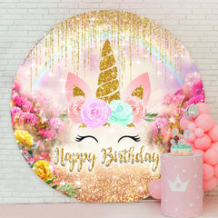 Lofaris Glitter Unicorn Flowers Round Birthday Backdrop