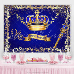 Lofaris Glod Brown And Navy Blue Crown Happy Birthday Backdrop