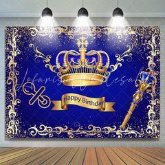 Lofaris Glod Brown And Navy Blue Crown Happy Birthday Backdrop