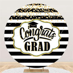 Lofaris Glod Glitter Black White Stripes Round Congrategrad Backdrop