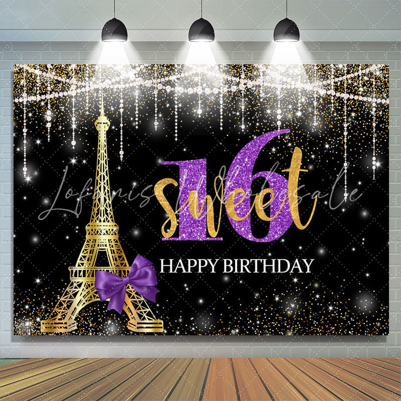 Lofaris Glod Tower Happy Birthday Sweet 16 Glitter Bokeh Backdrop for Party