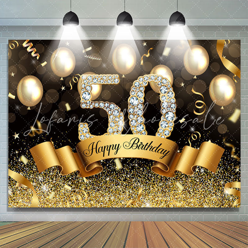 Lofaris Gloden And Glitter Balloon Happy 50Th Birthday Backdrop