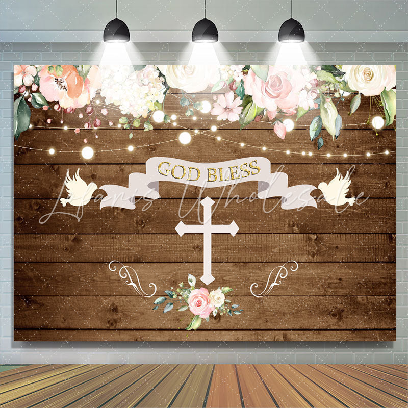 Lofaris God Bless Doves and Florals Wooden Backdrop for Baby