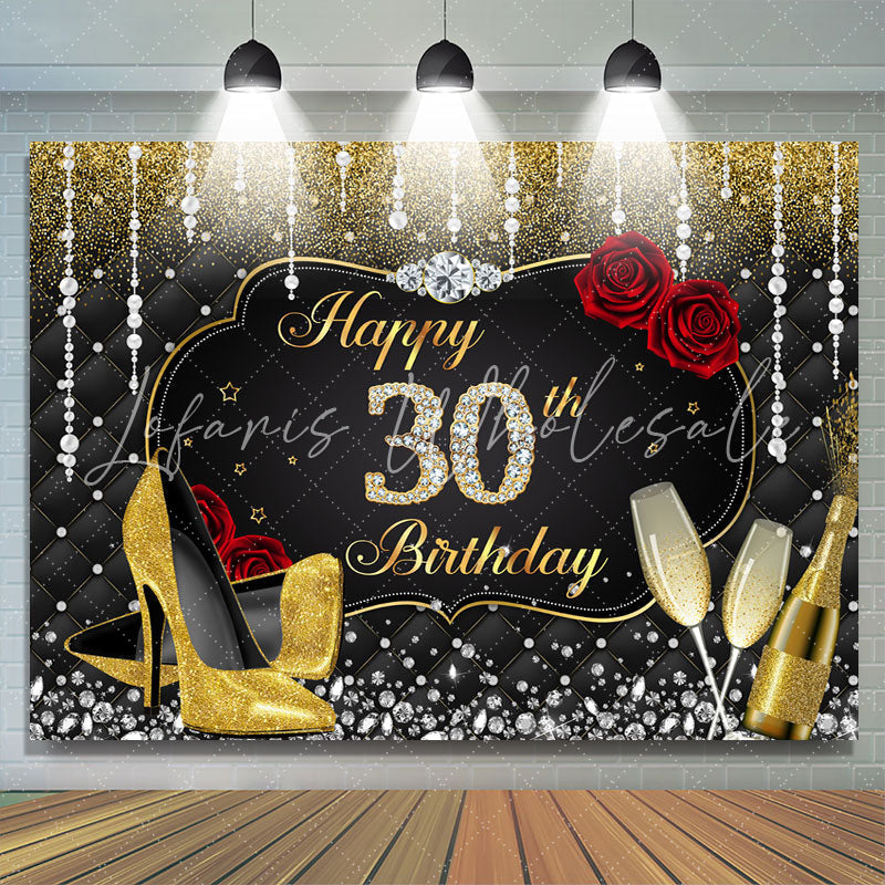 Lofaris Gold and Black Red Rose Diamond 30th Birthday Backdrop