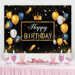 Lofaris Gold and Blue Ballons Black Glitter Birthday Backdrop