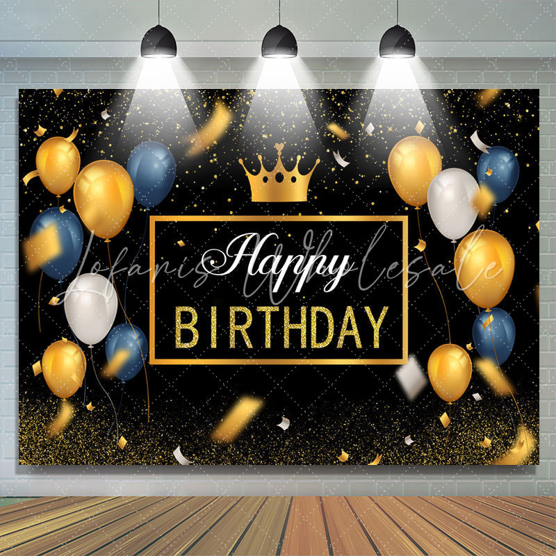 Lofaris Gold and Blue Ballons Black Glitter Birthday Backdrop