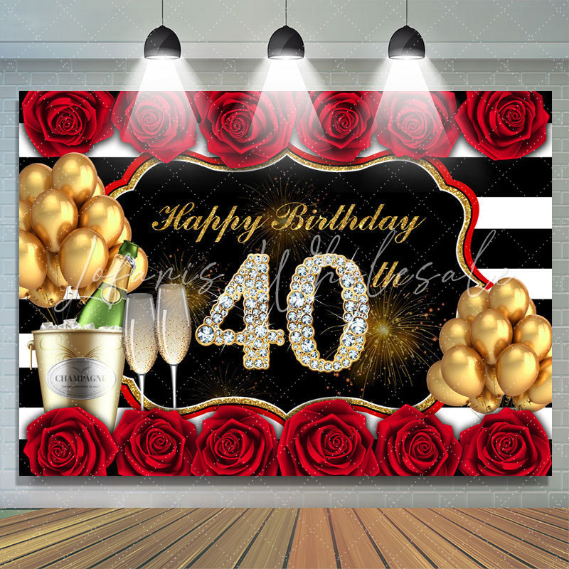 Lofaris Gold Balloon And Red Rose Happy 40Th Birthday Backdrop