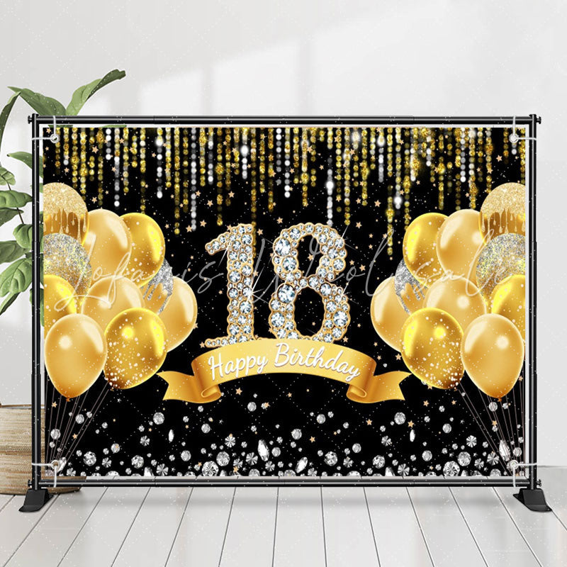 Lofaris Gold Balloons Diamond Black 18Th Birthday Backdrop