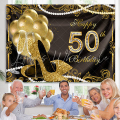 Lofaris Gold Balloons Glitter 50th Happy Birthday Backdrop