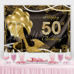 Lofaris Gold Balloons Glitter 50th Happy Birthday Backdrop