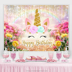 Lofaris Gold Glitter And Floral Unicorn Happy Birthday Backdrop