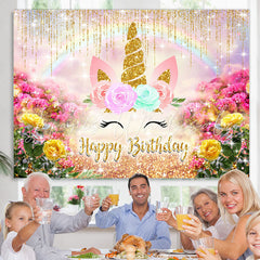 Lofaris Gold Glitter And Floral Unicorn Happy Birthday Backdrop