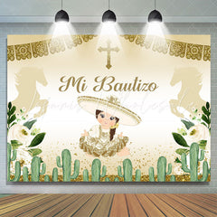 Lofaris Gold Glitter And Green Cactus Mi Bautizo Girls Backdrop