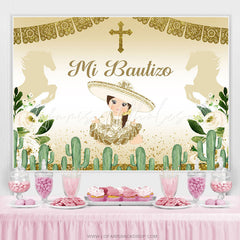 Lofaris Gold Glitter And Green Cactus Mi Bautizo Girls Backdrop