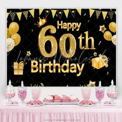 Lofaris Gold Glitter Ballons Black Happy 60th Birthday Backdrop