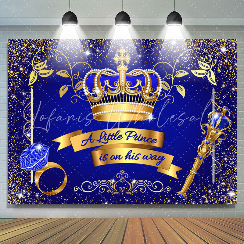 Lofaris Gold Glitter Crown Blue Little Prince Baby Shower Backdrop