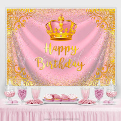 Lofaris Gold Glitter Crown Pink Happy Birthday Backdrop For Girl