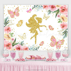 Lofaris Gold Glitter Fairy Pink Floral Birthday Party Backdrop