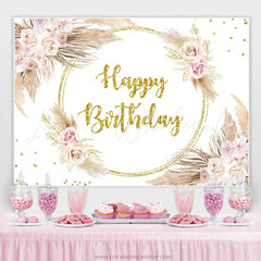 Lofaris Gold Glitter Floral Feather Happy Birthday Backdrop