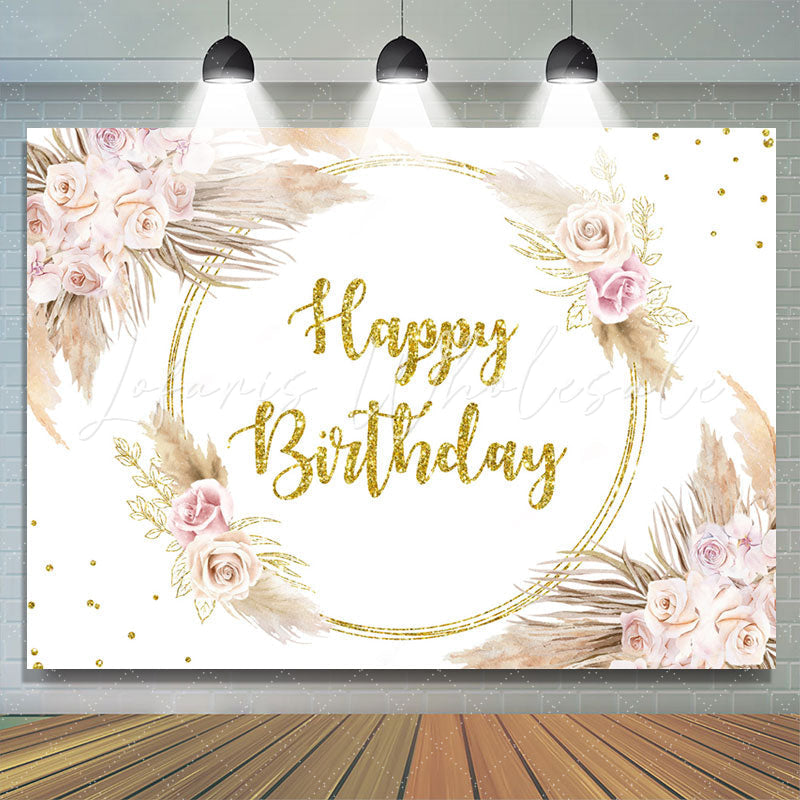 Lofaris Gold Glitter Floral Feather Happy Birthday Backdrop