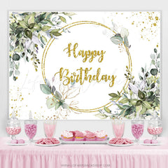 Lofaris Gold Glitter Green Leaves Happy Birthday Backdrop Banner