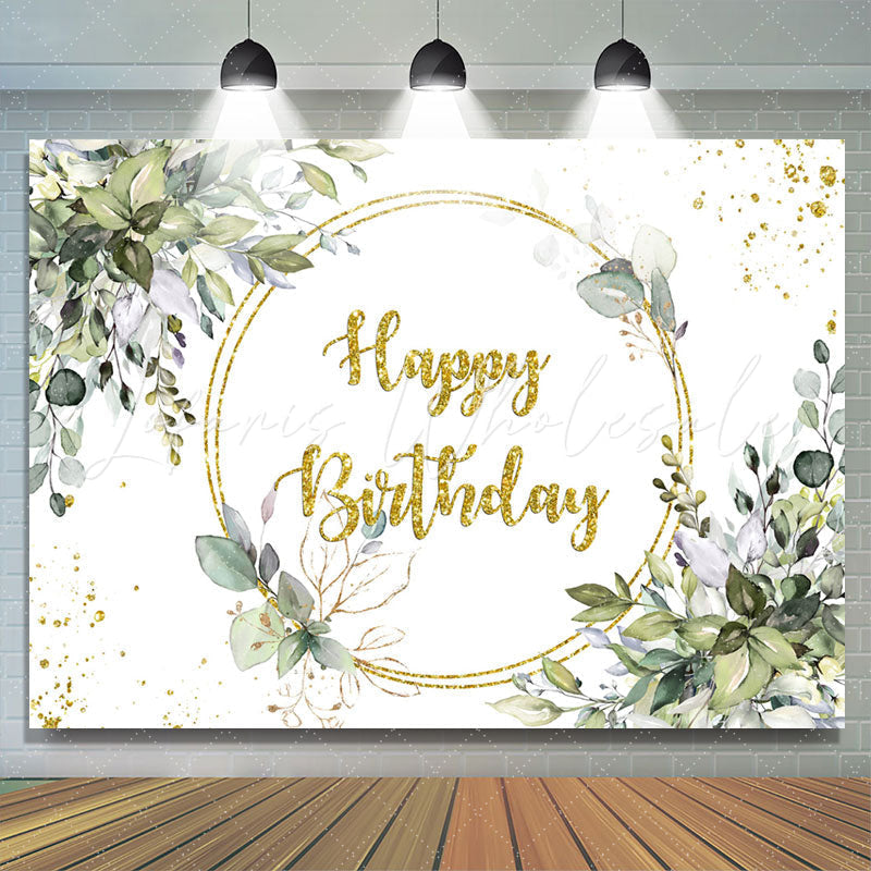 Lofaris Gold Glitter Green Leaves Happy Birthday Backdrop Banner