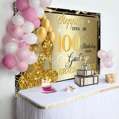 Lofaris Gold Glitter Heels Stepping into 100th Birthday Backdrop