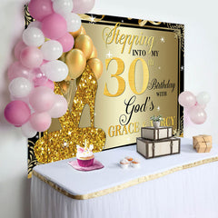 Lofaris Gold Glitter Heels Stepping into 30th Birthday Backdrop