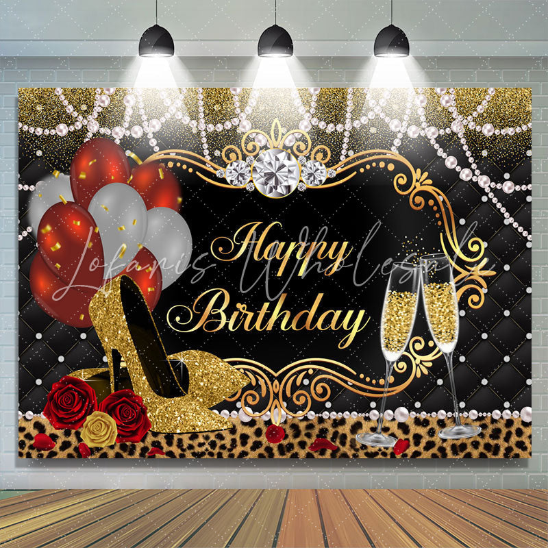 Lofaris Gold Glitter High Heels And Balloons Birthday Backdrop