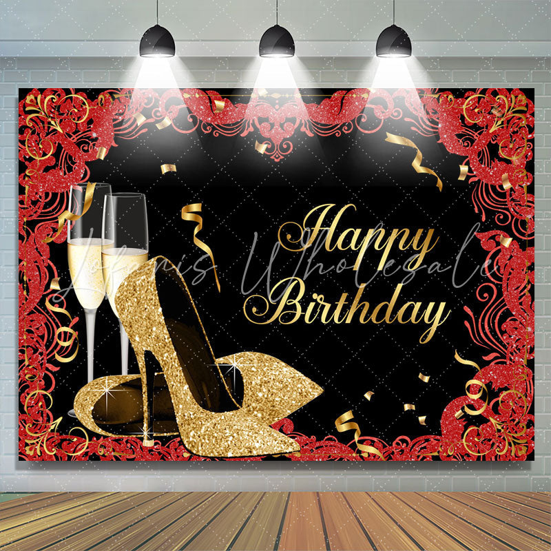 Lofaris Gold Glitter High Heels Black Happy Birthday Backdrop