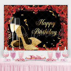 Lofaris Gold Glitter High Heels Black Happy Birthday Backdrop