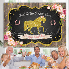 Lofaris Gold Glitter Horse Pink Floral Happy Birthday Backdrop