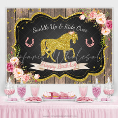 Lofaris Gold Glitter Horse Pink Floral Happy Birthday Backdrop