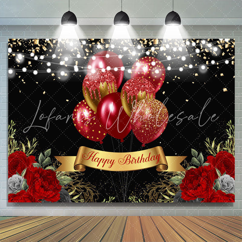 Lofaris Gold Glitter Red Balloons Black Happy Birthday Backdrop