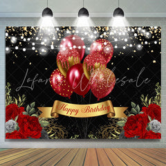 Lofaris Gold Glitter Red Balloons Black Happy Birthday Backdrop