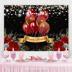 Lofaris Gold Glitter Red Balloons Black Happy Birthday Backdrop