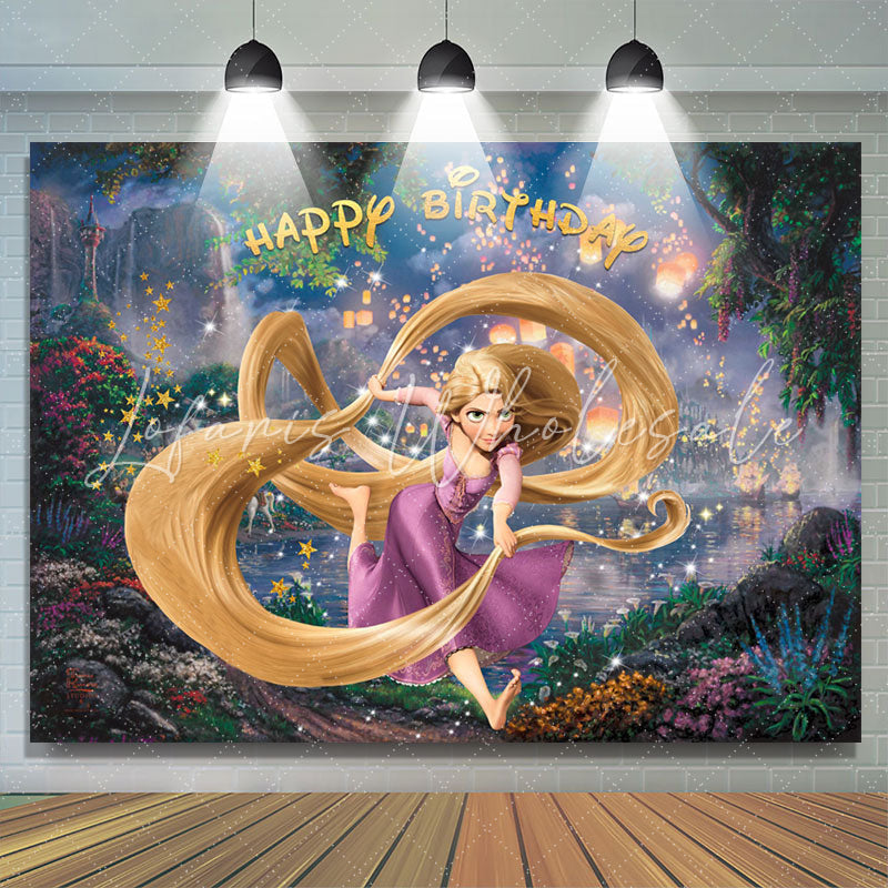 Lofaris Gold Glitter Star Princess Lakeside Happy Birthday Backdrop