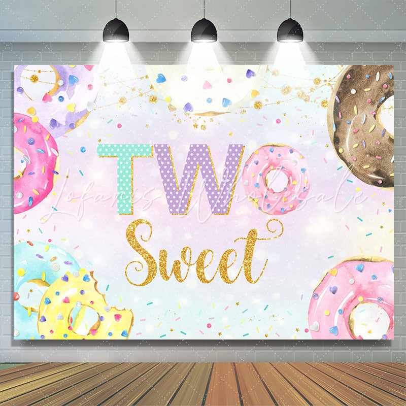 Lofaris Gold Glitter Sweet Donuts Happy 2nd Birthday Backdrop