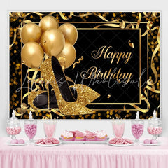 Lofaris Gold Heels and Balloons Black Happy Birthday Backdrop