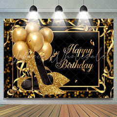 Lofaris Gold Heels and Balloons Black Happy Birthday Backdrop