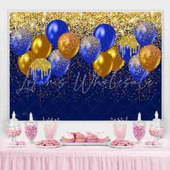 Lofaris Gold-Navy Balloons Glitter Happy Birthday Backdrop