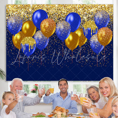 Lofaris Gold-Navy Balloons Glitter Happy Birthday Backdrop