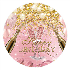 Lofaris Gold Pink GlitterBalloons Happy Birthday Round Backdrop